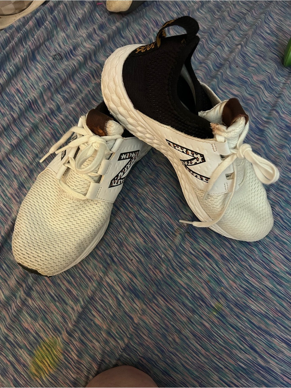 New Balance Women's White and Black Athletic Sneakers with Brown Accents